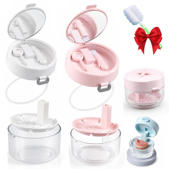 All-In-One Retainer Storage Case, 3-In-1 Retainer Case with Mirror & Cleaning Brush, Retainer Cleaner Case, Denture Cleaning Case, Leak-Proof Seal, Compact Portable