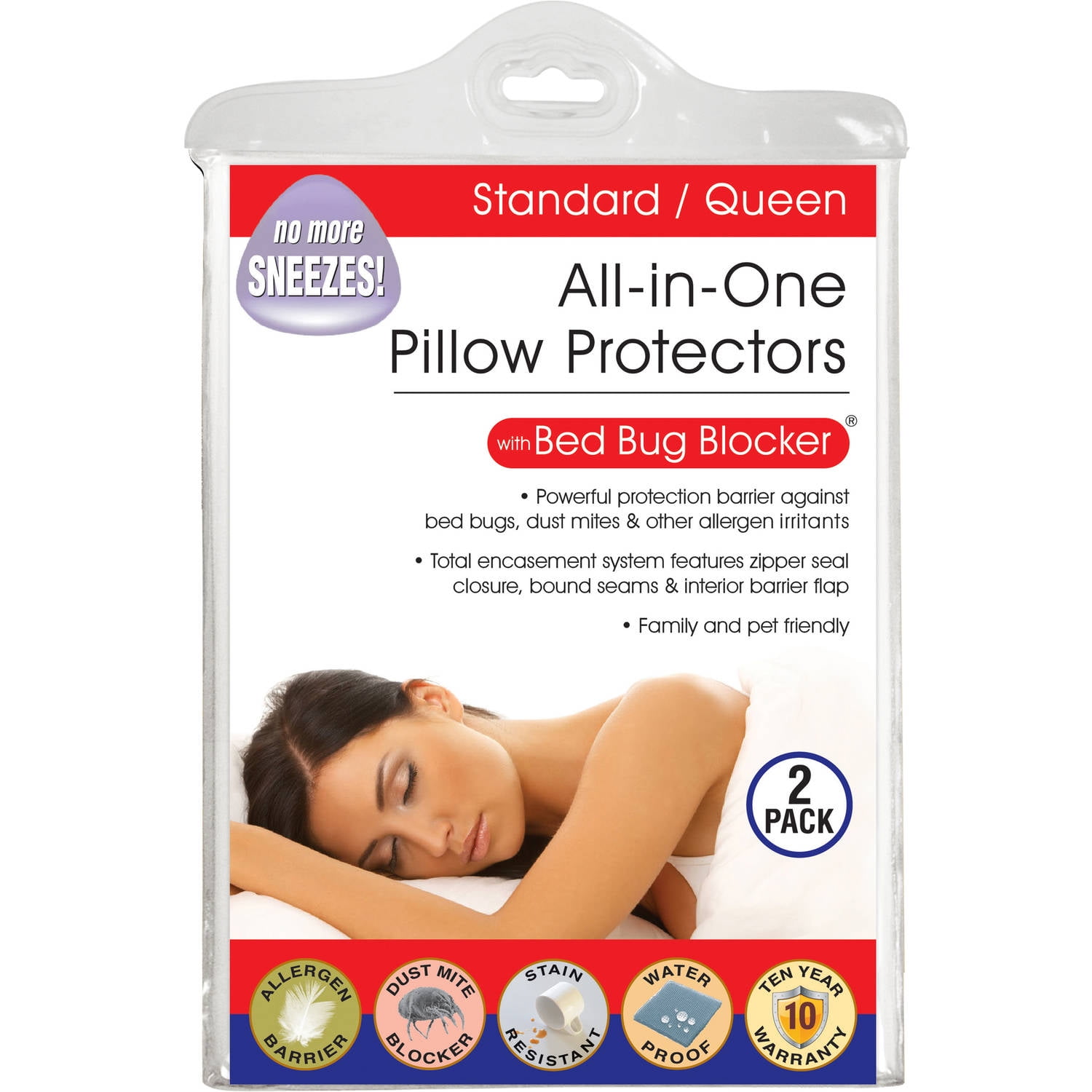 AllInOne Waterproof Zippered Cotton Pillow Protector, Queen, Stain