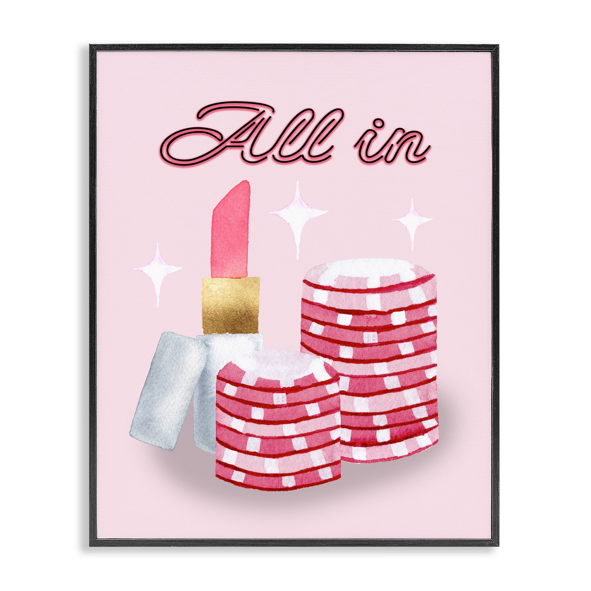 All In Poker Chips & Lipstick Black Framed Giclee Art, design by Nina Jacobs