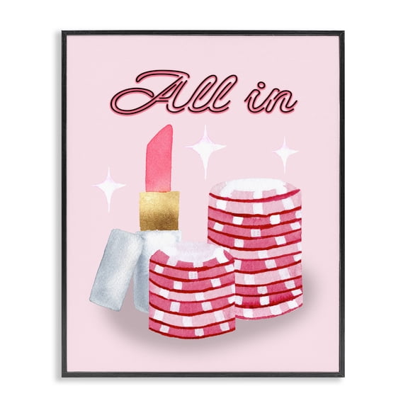 All In Poker Chips & Lipstick Black Framed Giclee Art, design by Nina Jacobs