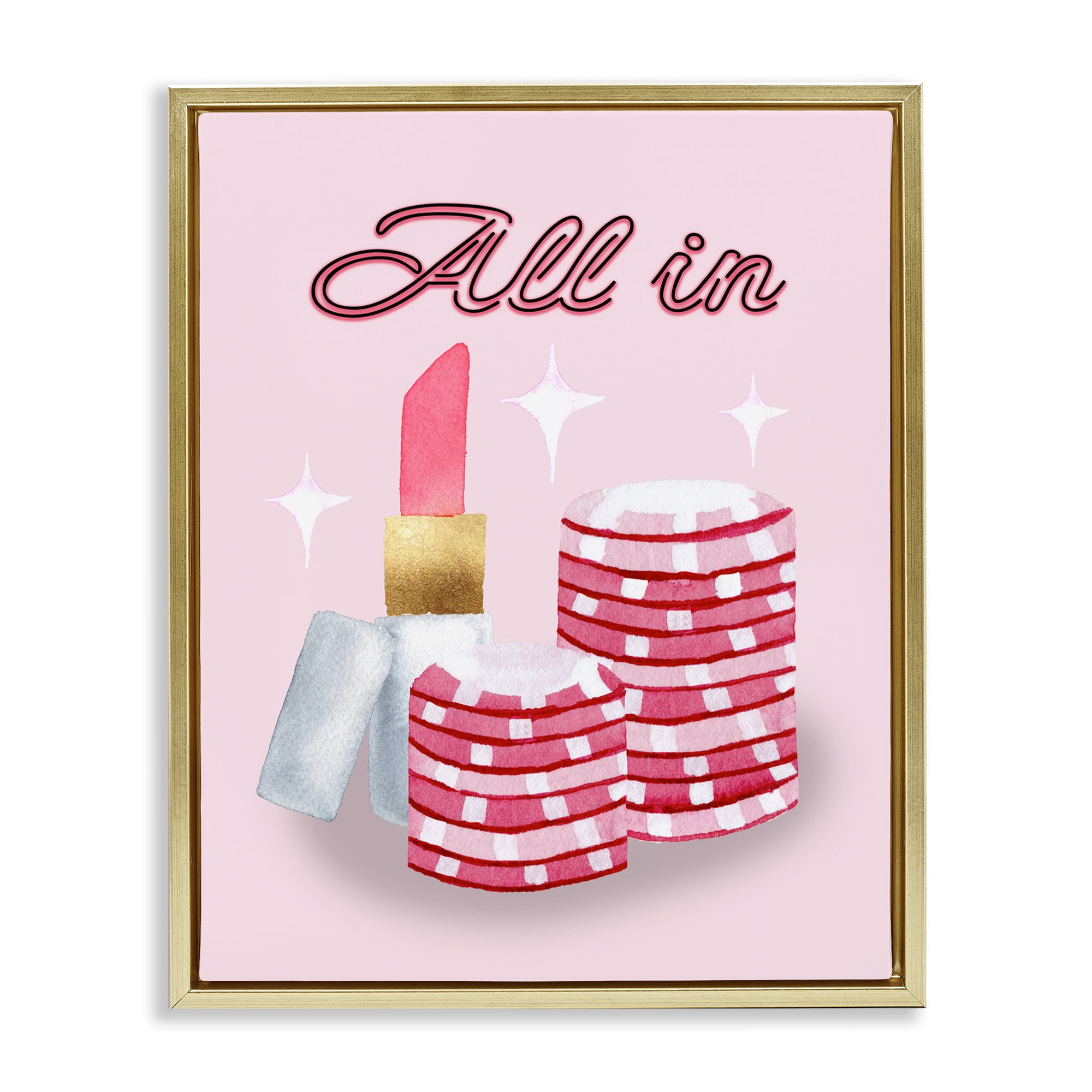 All In Poker Chips & Lipstick Gold Framed Floater Canvas Wall Art, design by Nina Jacobs