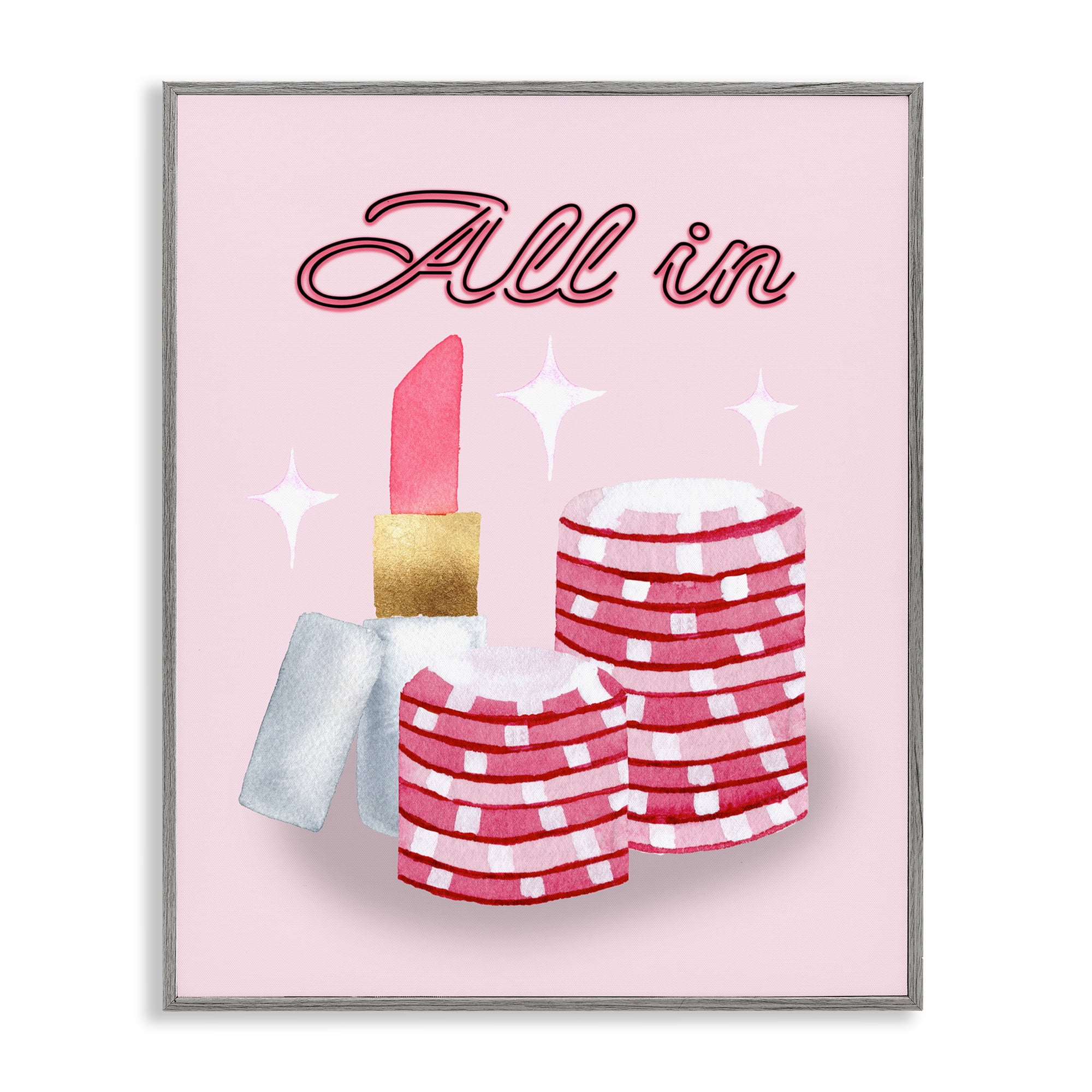 All In Poker Chips & Lipstick Gray Framed Giclee Art, design by Nina Jacobs