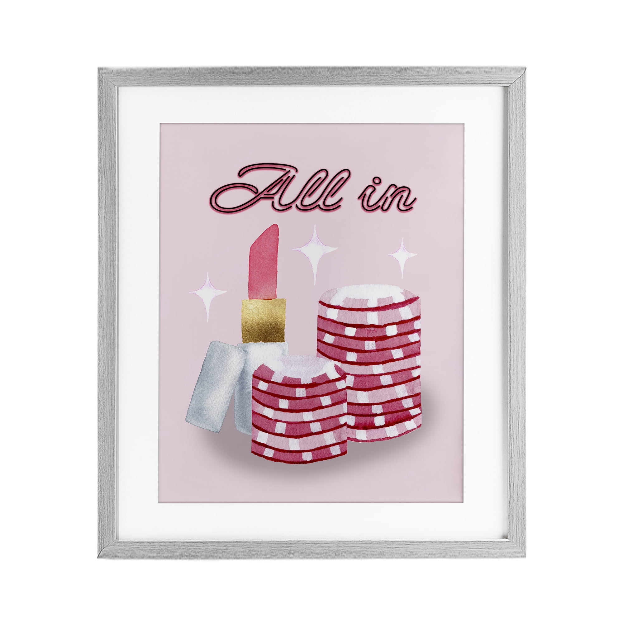 All In Poker Chips & Lipstick Gray Framed Print Under Glass, design by Nina Jacobs