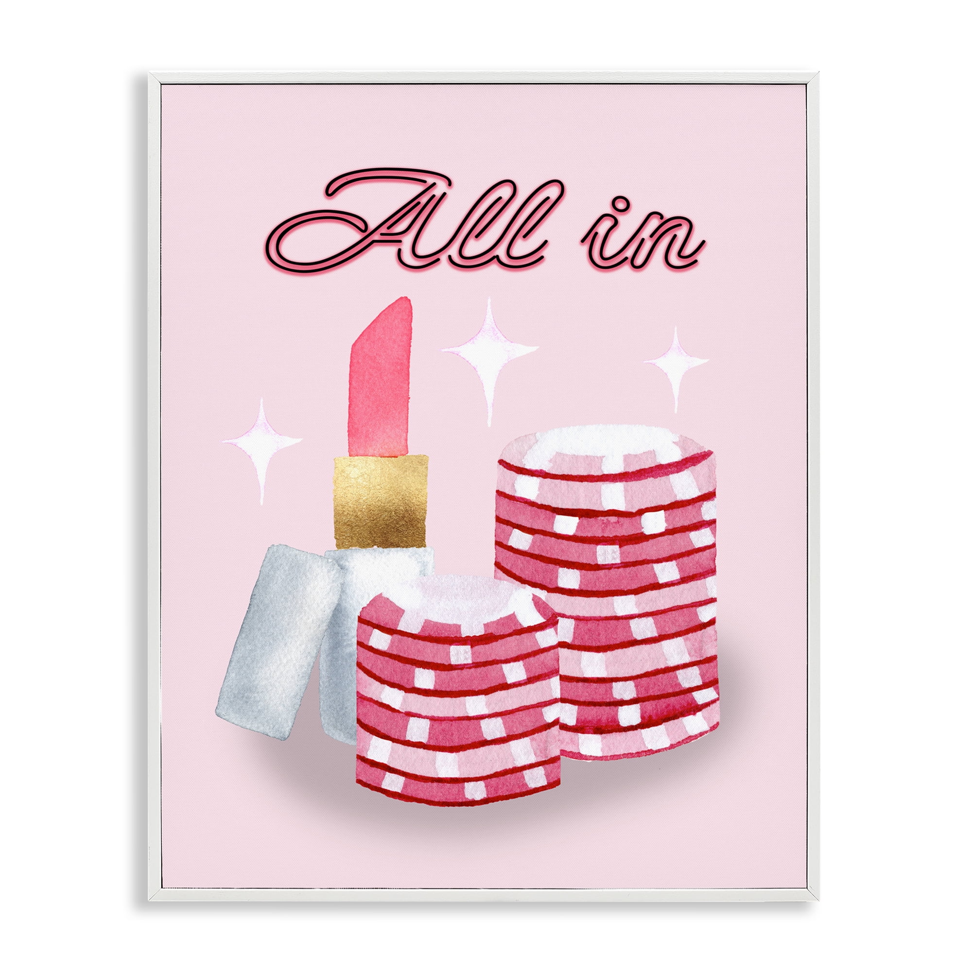 All In Poker Chips & Lipstick White Framed Giclee Art, design by Nina Jacobs