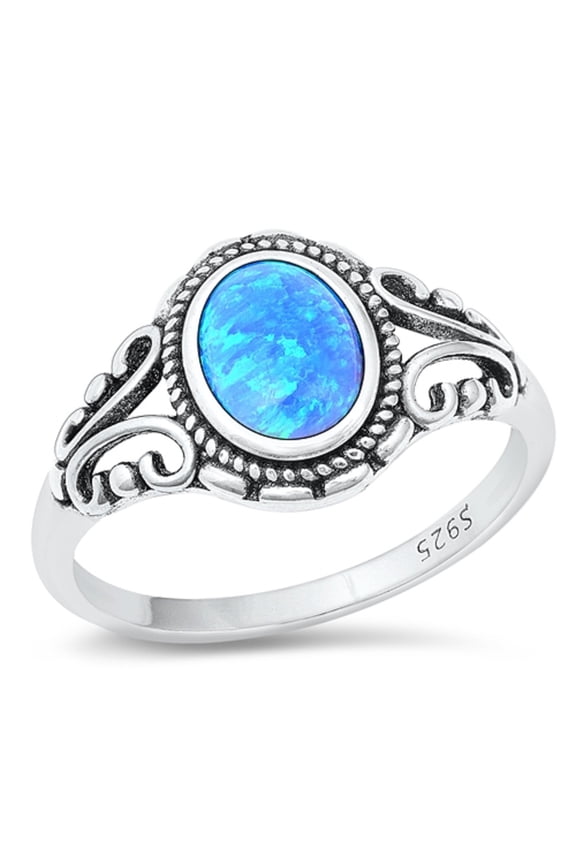 Blue Simulated Opal Crafted Antique Swirls Ring Sterling Silver Size 9