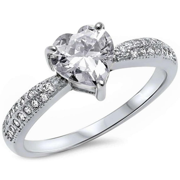 All In Stock CZ Heart Double Row Bridal Ring Sterling Silver Size 10