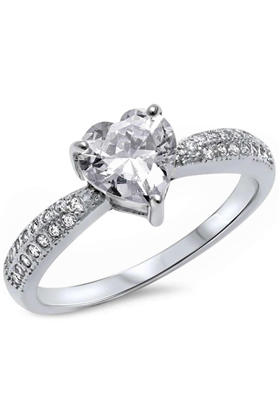 CZ Heart Double Row Bridal Ring Sterling Silver Size 4