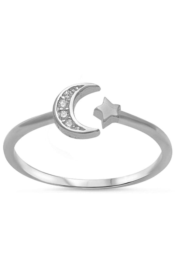 Clear CZ Moon & Star Ring Sterling Silver Size 11