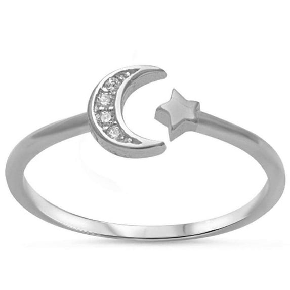 All In Stock Clear CZ Moon & Star Ring Sterling Silver Size 7