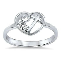 All In Stock Clear CZ Open Heart Cross Ring Sterling Silver Size 11