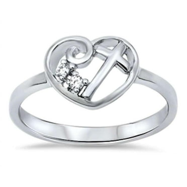 All In Stock Clear CZ Open Heart Cross Ring Sterling Silver Size 11