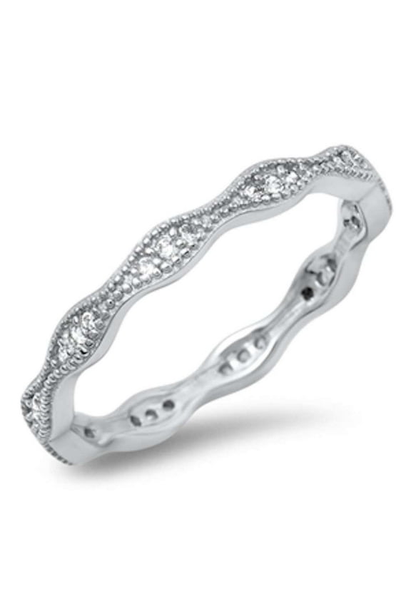 Clear CZ Wavy Design Eternity Ring Sterling Silver Size 6