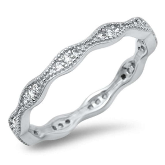 All In Stock Clear CZ Wavy Design Eternity Ring Sterling Silver Size 7