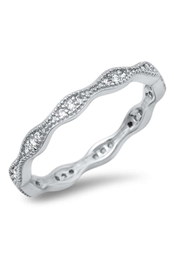 Clear CZ Wavy Design Eternity Ring Sterling Silver Size 9