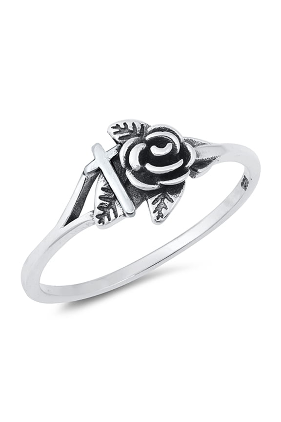 Cross & Rose Oxidized Sterling Silver Ring Size 5