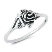 All In Stock Cross & Rose Oxidized Sterling Silver Ring Size 8