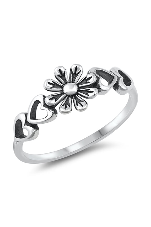 Flower & Hearts Oxidized Sterling Silver Ring Size 5