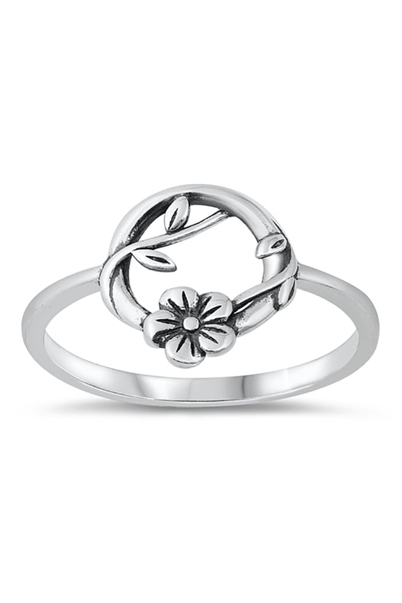 Flower Vine Circle Oxidized Sterling Silver Ring Size 6