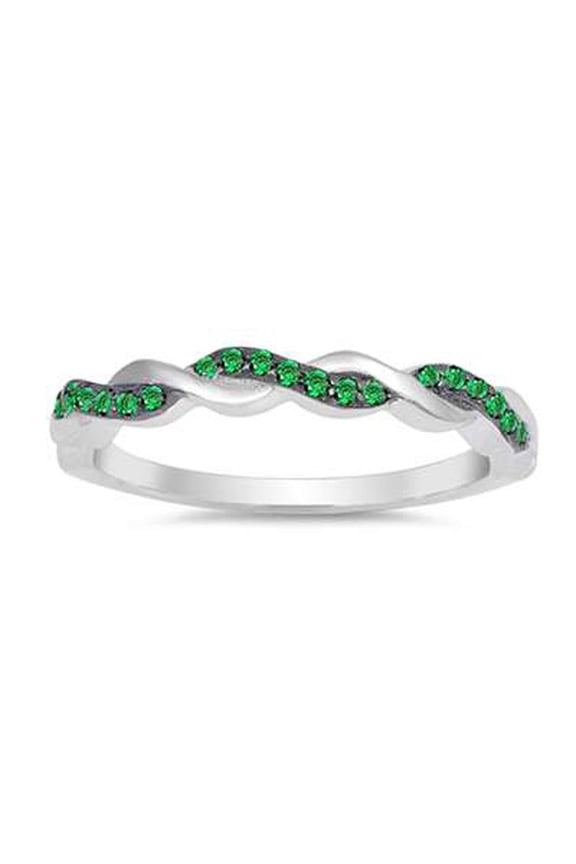 Green CZ Overlap Wavy Ring Sterling Silver Size 5