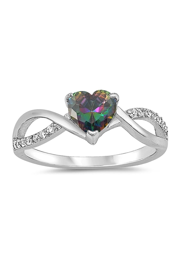 Heart Rainbow Center CZ Swirl Sterling Silver Ring Size 7