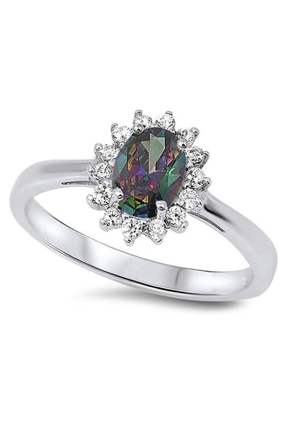 Rainbow Oval Cluster Solitaire Ring Serling Silver Size 6