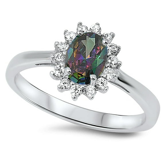 All In Stock Rainbow Oval Cluster Solitaire Ring Serling Silver Size 7