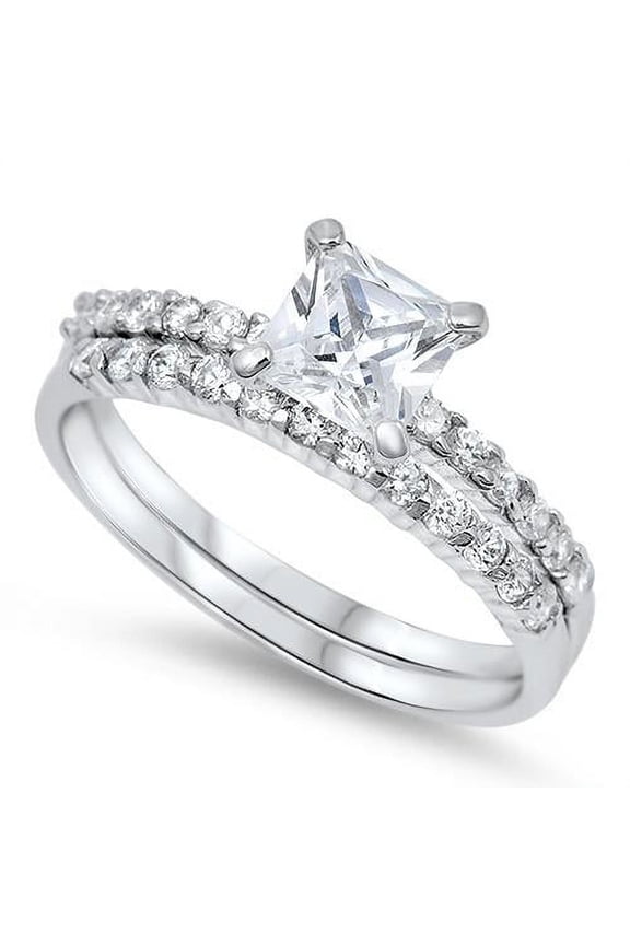 Square Clear CZ Bridal Ring Set Sterling Silver Size 3