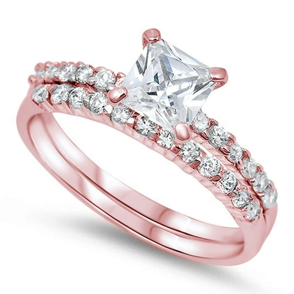 All In Stock Square Clear CZ Bridal Ring Set Sterling Silver Size 8