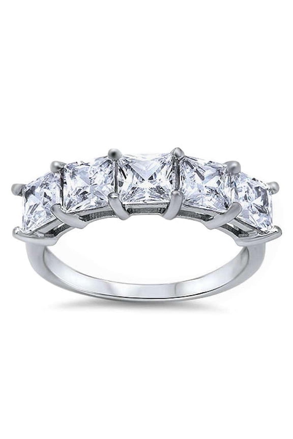 Square Clear CZ Five Stone Ring Sterling Silver Size 7