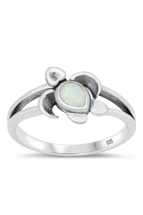 Teardrop White Simulated Opal Sea Turtle Ring Sterling Silver Size 10