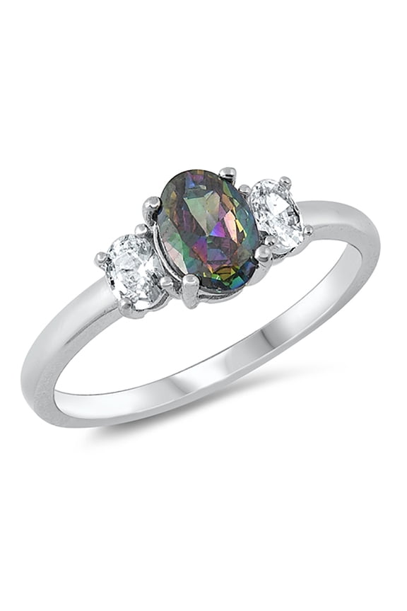 Three Oval Rainbow CZ Sterling Silver Ring Size 7
