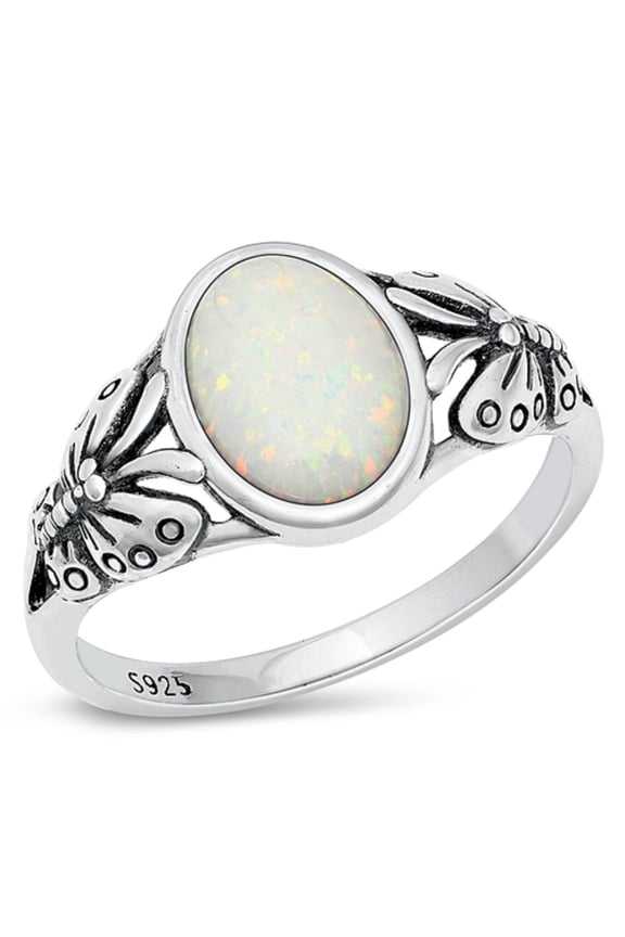 White Simulated Opal Decorated Butterfly Ring Sterling Silver Size 8