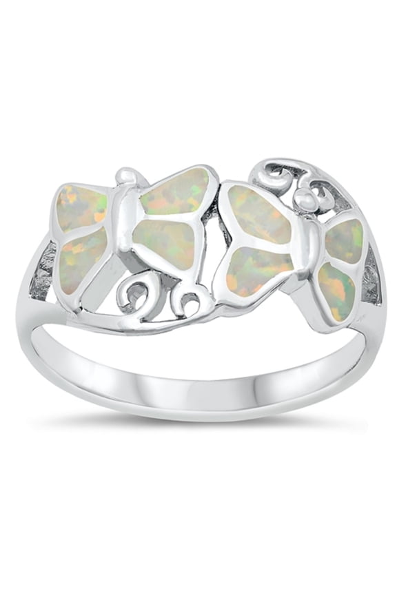 White Simulated Opal Twin Butterfly Ring Sterling Silver Size 6