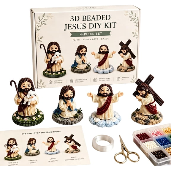 All-Inclusive 3D Beaded Christian DIY Kit, 4-Pack Jesus & Virgin Mary Beading Craft Set, Beginner Friendly with Step-by-Step Instructions, Religious Home Decor Gifts