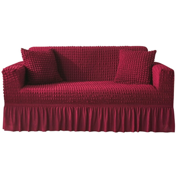 All-Inclusive Seersucker Elastic Sofa Covers with Ruffled Skirt Washable Universal, for Living Room Lounge（3 Seater） wine red