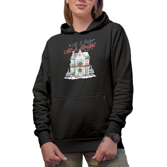 All Is Calm, All Is Bright, Christmas, Snowy or Winter Season House Art Merch Gift, Black Hooded Sweatshirt or Hoodie, Small