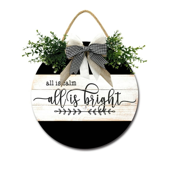 All Is Calm All Is Bright Sign Farmhouse Wood Sign Front Porch Decor Rustic Wooden Sign Wall Decor Hanging Wooden Decorations with Bow-Knot for Home Porch Wall Door, 11 x 11 inch