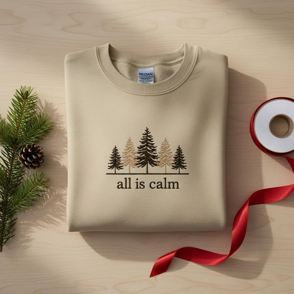 All Is Calm Embroidered Sweatshirt, Minimalist Christmas Tree Line Art Crewneck, Neutral Holiday Jumper, Simple Xmas Gift