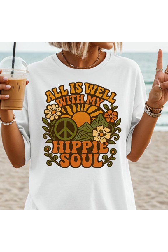 All Is Well With My Hippie Soul Shirt Retro Peace Flower Power Graphic Tee Boho 70s Style Comfort Colors Unisex Cotton T-Shirt, Size S-3XL