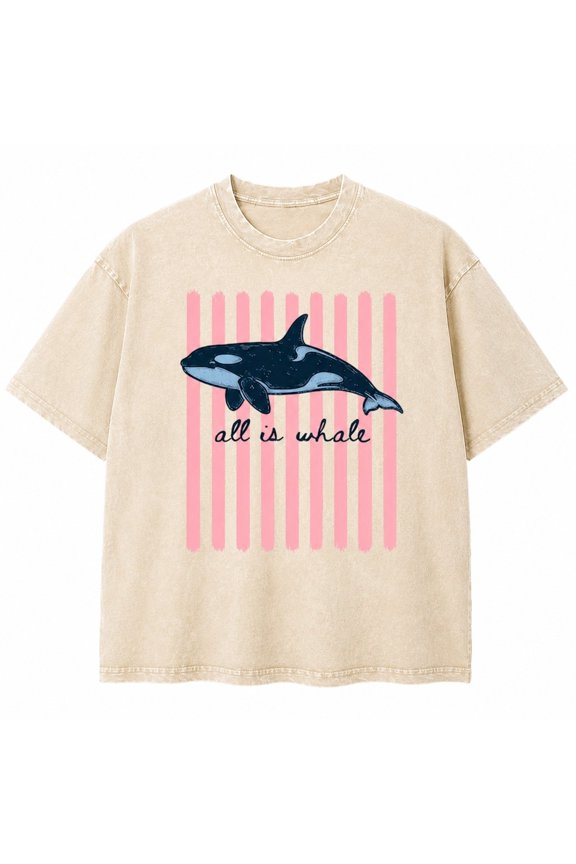 All Is Whale Graphic Washed T-Shirt, Unisex Classic Fit Mineral-Wash Cotton Tee