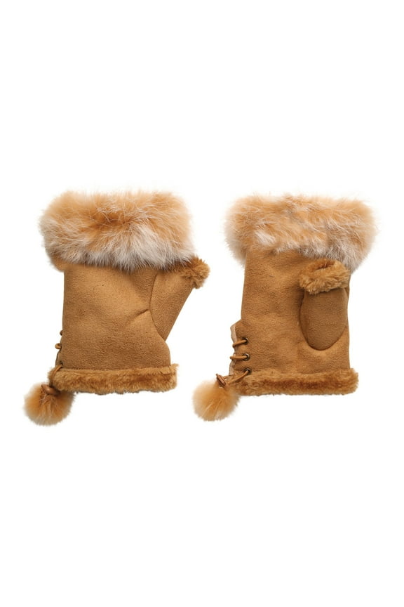 All Jazzed Up Women's Faux Suede & Fur Fingerless Winter Gloves, Lace Up Mittens - Camel