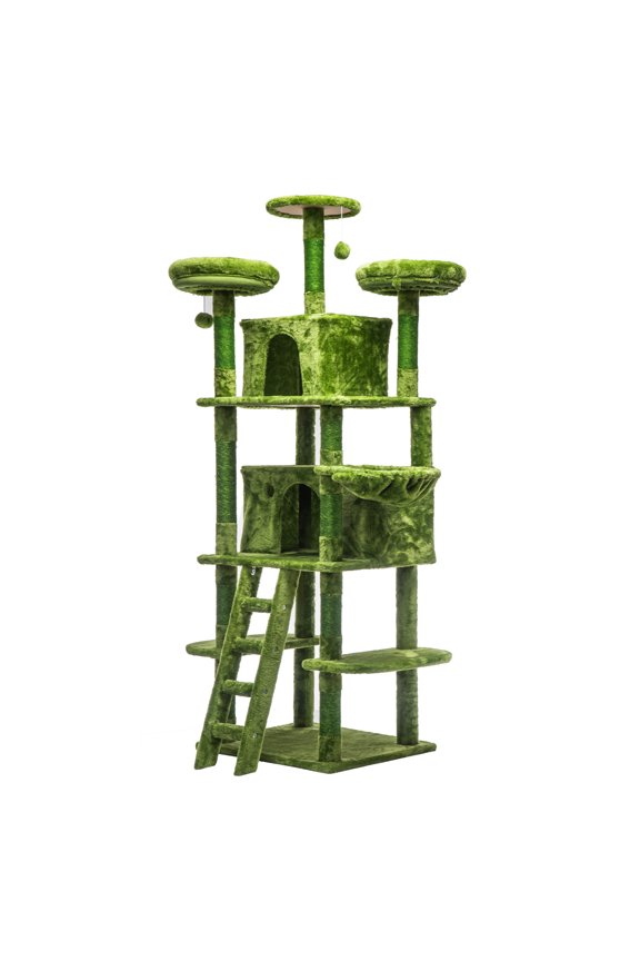 All-Life-Stage Cat Tree 71", 2 Condos 3 Perches & Hammock, Skin-Friendly Plush No Sharp Edges, Natural Sisal Scratching Areas,GREEN