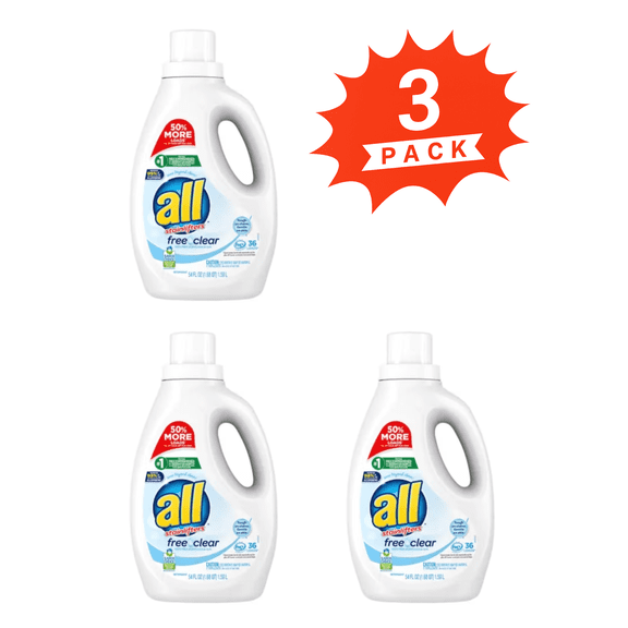 All Liquid Laundry Detergent Free Clear (Pack 3) - 108 Loads, 162fl