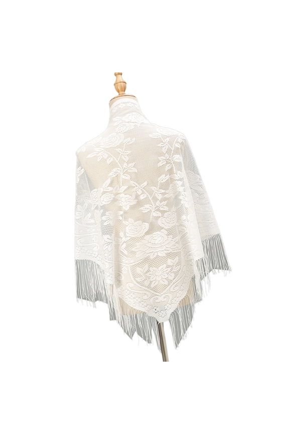 All Matching Lace Shawl Wrap with Tassels Sheer Triangular Shoulder Wrap Covers Up Scarf for Women Formal Casual Occasion