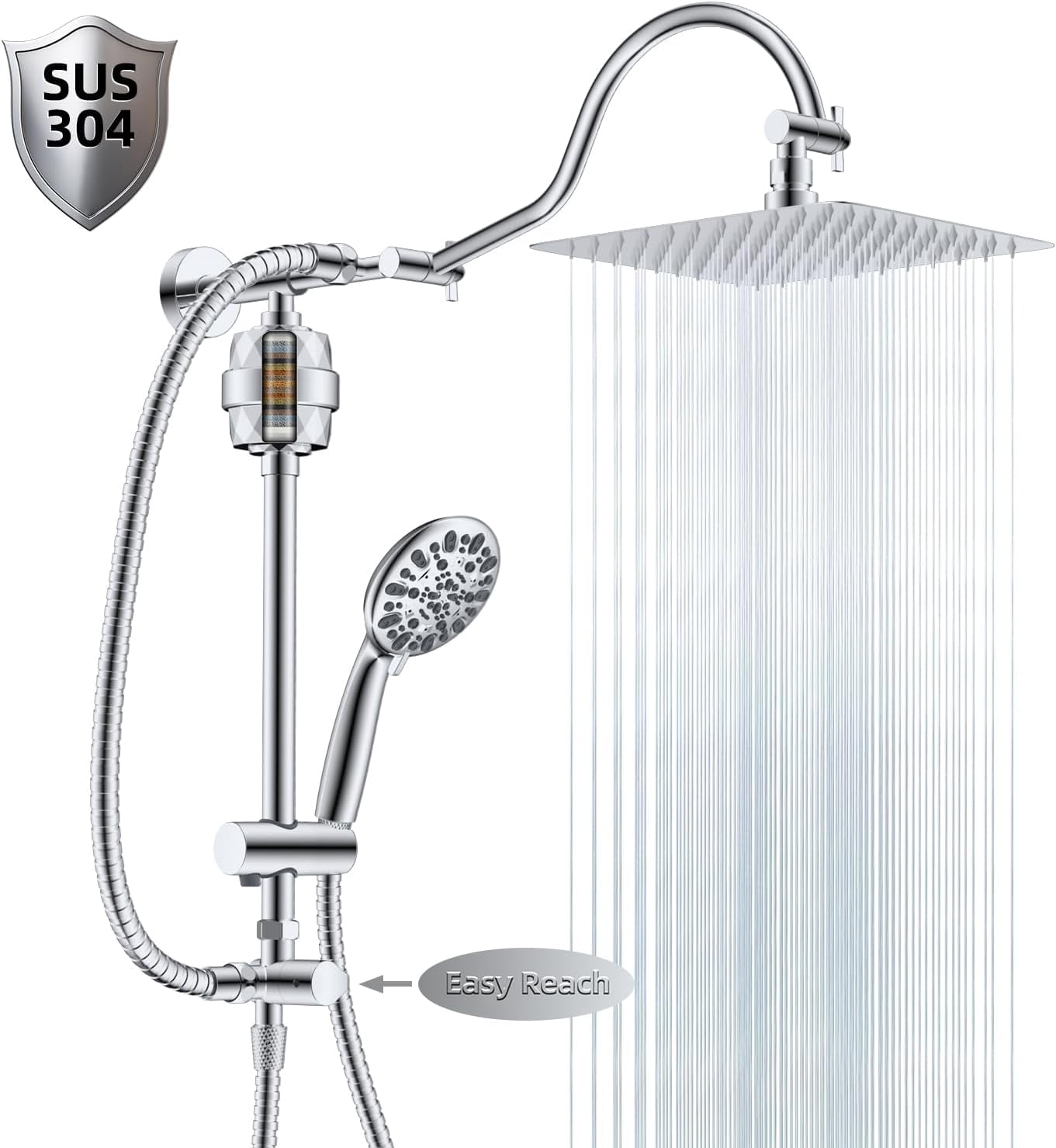 Fyhib Dual Shower Head Combo - 13 Inch Rain & Handheld With 6 Spray Modes, High Pressure, Anti-Clog, 5ft Hose