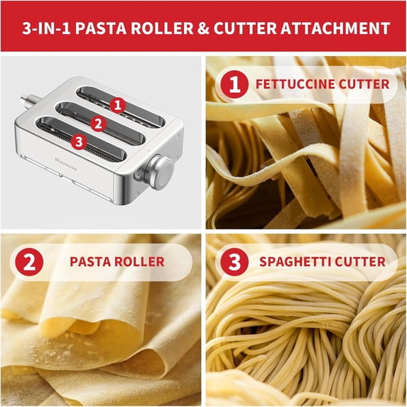 All Metal 3-in-1 Pasta Attachment Set for Stand Mixer with Roller and Cutters