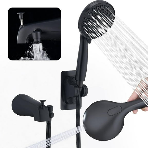 All Metal Bathtub Faucet with Sprayer 10 Settings, Universal Fit 1/2" IPS, Tub Spout with Diverter Matte Black