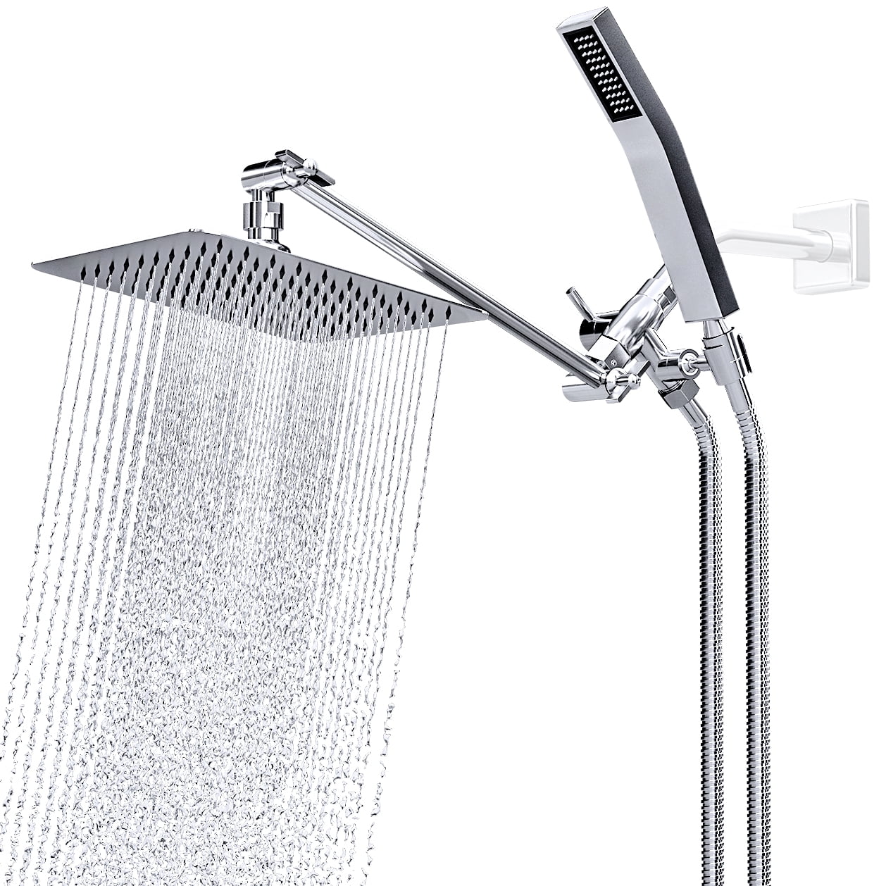 All Metal Dual Square Shower Head Combo Rain Shower Head with Handheld Shower Wand and Extra Long Flexible Hose Polished Chrome