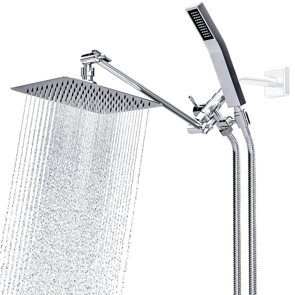 All Metal Dual Square Shower Head Combo, Rain Shower Head with Handheld Shower Wand and Extra Long Flexible Hose (Polished Chrome)