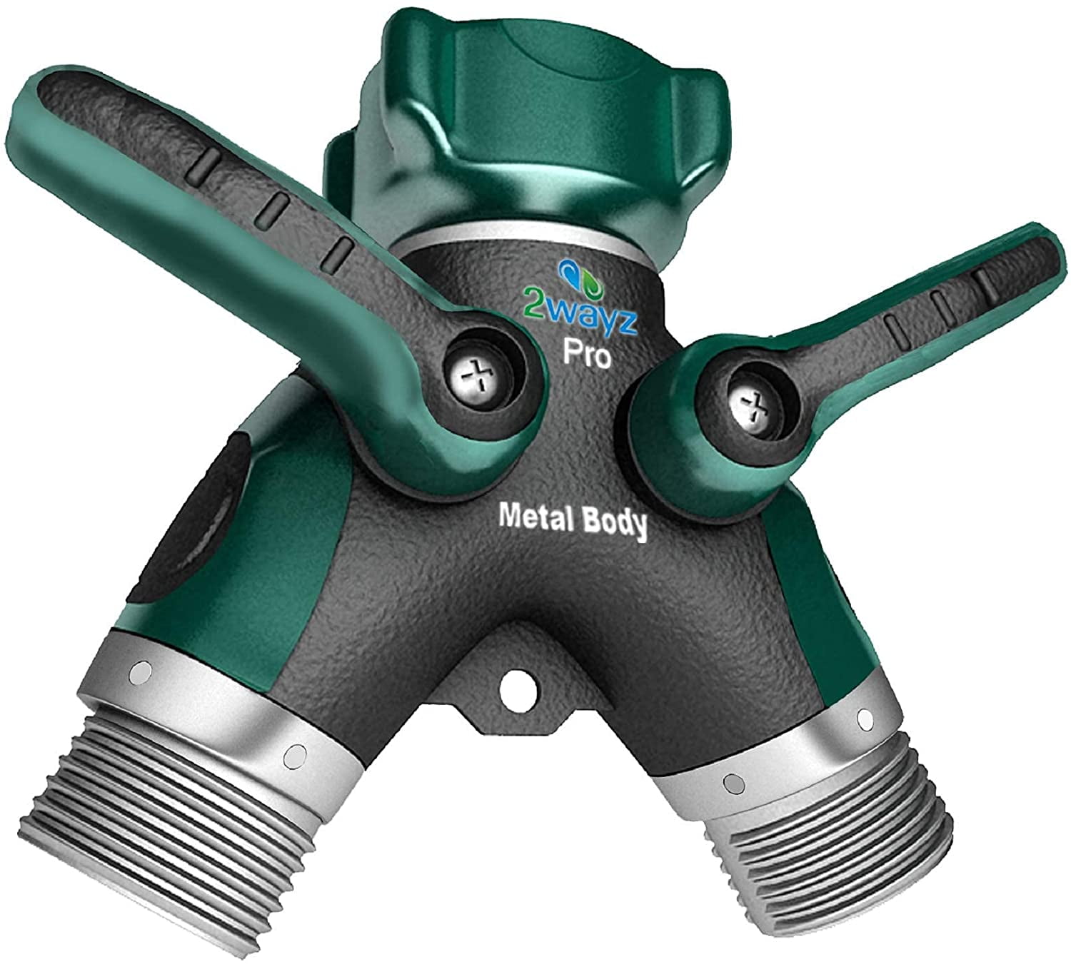 Green Metal Body 2-Way Garden Hose Splitter with Shut Off Valve